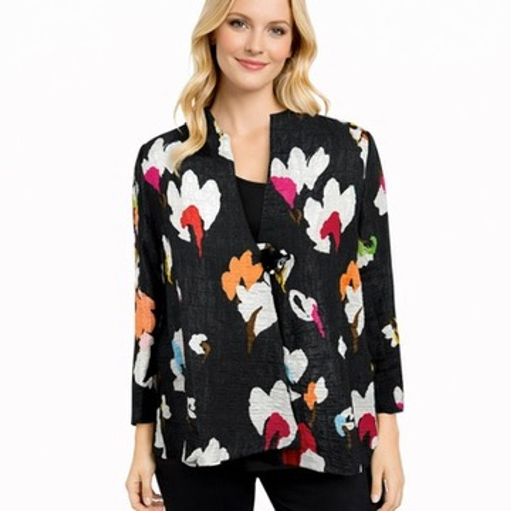IC by Connie K Black Floral Jacket Artsy Asymmetrical Hem Lagenlook Chic Size M